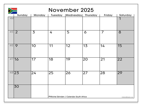 Kalendarz do druku, listopad 2025, Republika Południowej Afryki (SS)