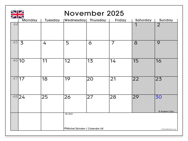 Kalender til udskrivning, november 2025, Det Forenede Kongerige