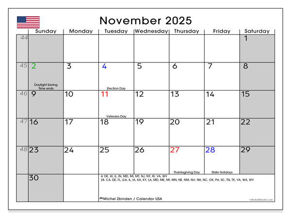 Kalender om af te drukken, november 2025, Verenigde Staten (EN)