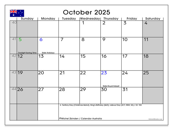 Kalender zum Ausdrucken, Oktober 2025, Australien (SS)