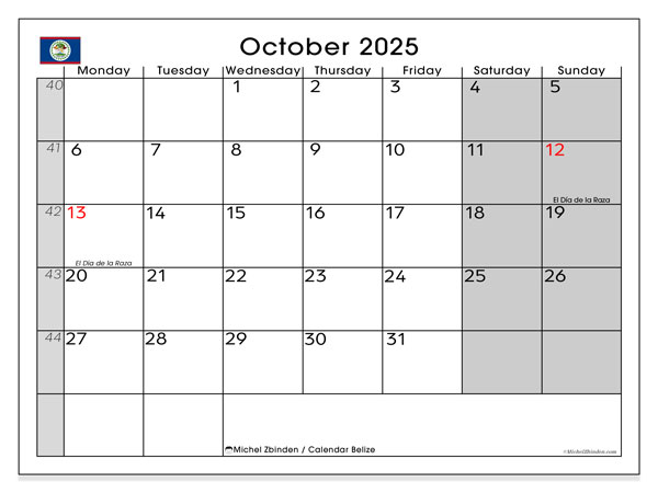Tulostettava kalenteri, lokakuu 2025, Belize (MS)
