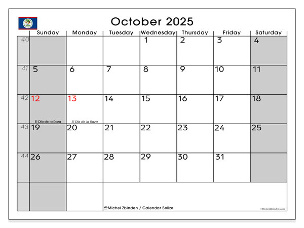 Tulostettava kalenteri, lokakuu 2025, Belize (SS)