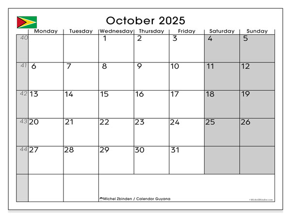Printable calendar, October 2025, Guyana (MS)