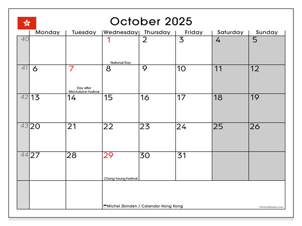 Kalender for utskrift, oktober 2025, Hong Kong (MS)