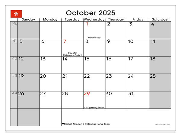 Kalender til udskrivning, oktober 2025, Hong Kong (SS)