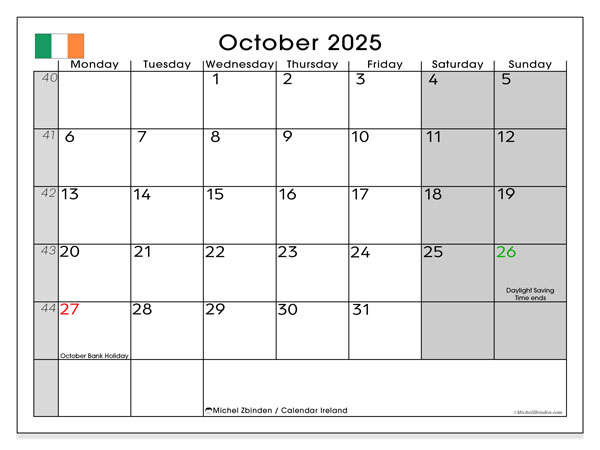 Kalendarz do druku, październik 2025, Irlandia