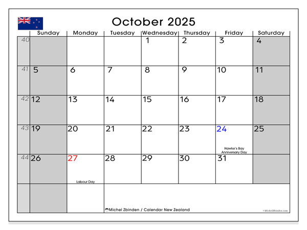 Tulostettava kalenteri, lokakuu 2025, Uusi-Seelanti (SS)