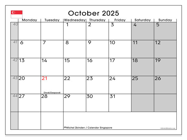 Kalender zum Ausdrucken, Oktober 2025, Singapur (MS)