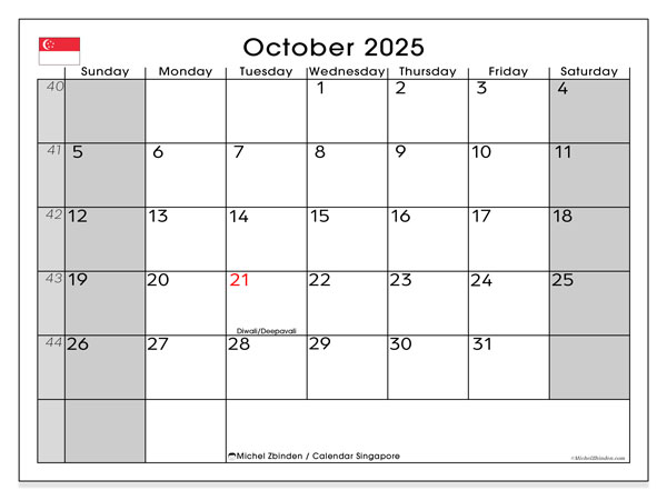 Kalender zum Ausdrucken, Oktober 2025, Singapur (SS)