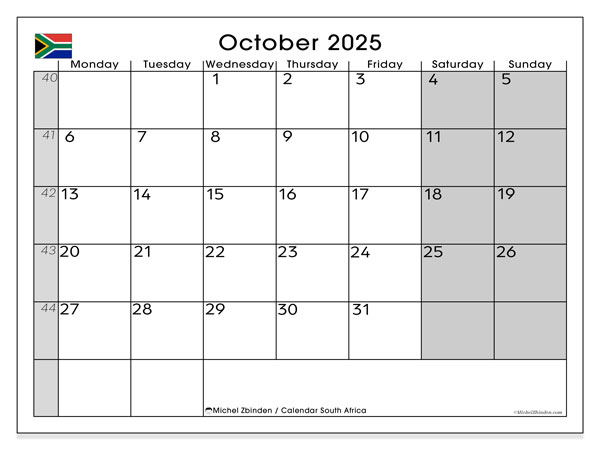 Kalender om af te drukken, oktober 2025, Zuid-Afrika (MS)