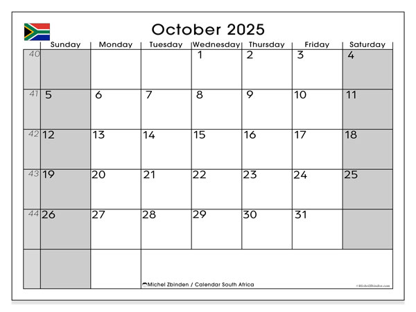 Kalendarz do druku, październik 2025, Republika Południowej Afryki (SS)
