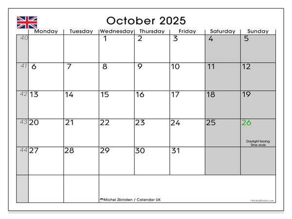 Kalender til udskrivning, oktober 2025, Det Forenede Kongerige