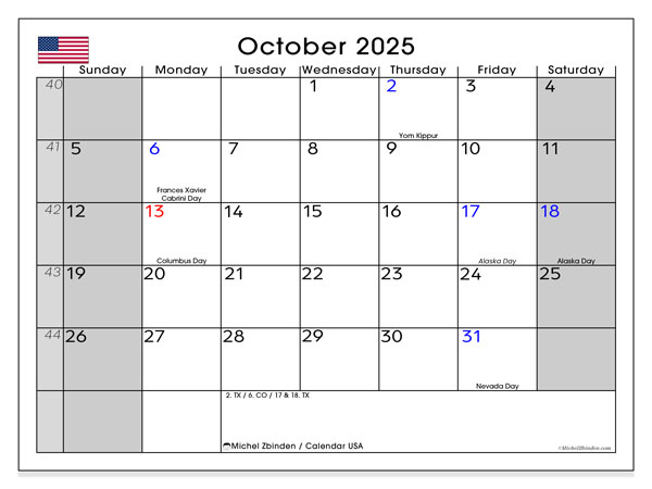Kalender zum Ausdrucken, Oktober 2025, Vereinigte Staaten (EN)