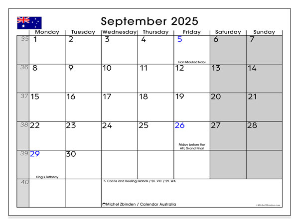 Tulostettava kalenteri, syyskuu 2025, Australia (MS)