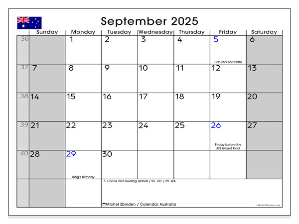 Tulostettava kalenteri, syyskuu 2025, Australia (SS)