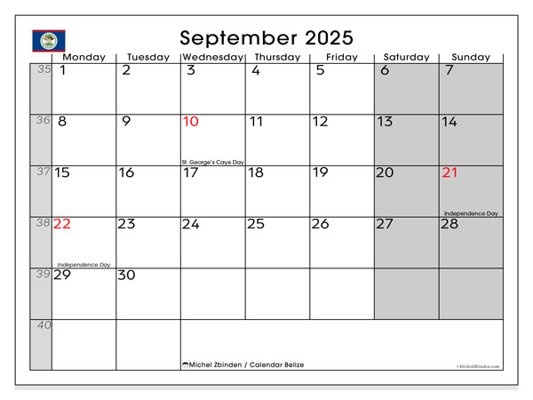 Kalender for utskrift, september 2025, Belize (MS)