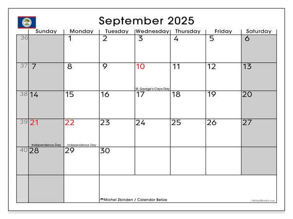 Kalender om af te drukken, september 2025, Belize (SS)