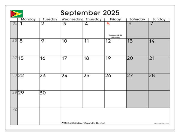 Printable calendar, September 2025, Guyana (MS)