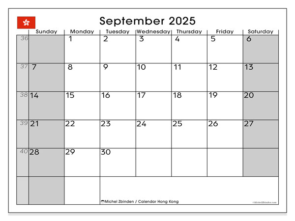 Kalendarz do druku, wrzesień 2025, Hongkong (SS)