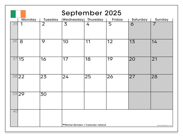 Kalender til udskrivning, september 2025, Irland