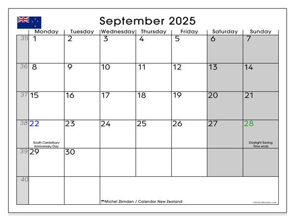 Kalendarz do druku, wrzesień 2025, Nowa Zelandia (MS)