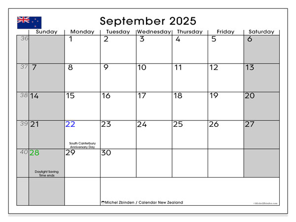 Kalendarz do druku, wrzesień 2025, Nowa Zelandia (SS)