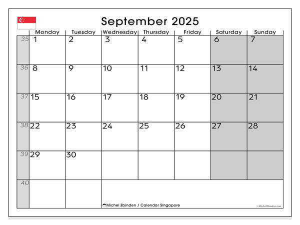Kalender for utskrift, september 2025, Singapore (MS)