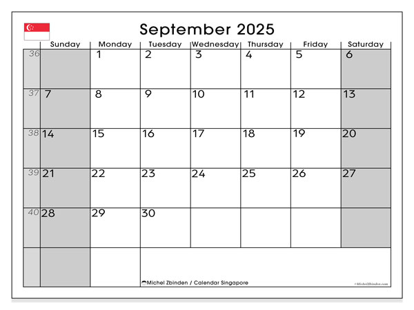 Kalender zum Ausdrucken, September 2025, Singapur (SS)