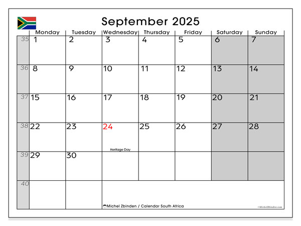 Kalendarz do druku, wrzesień 2025, Republika Południowej Afryki (MS)