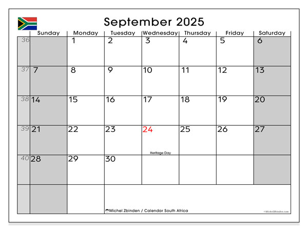 Calendario da stampare, settembre 2025, Sudafrica (SS)