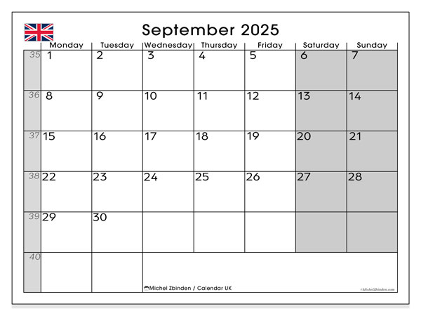 Kalender om af te drukken, september 2025, Verenigd Koninkrijk