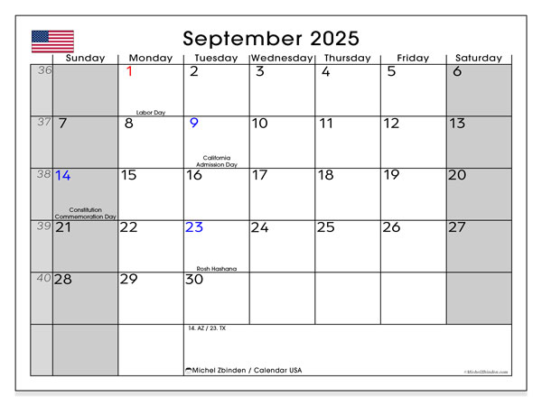 Kalender til udskrivning, september 2025, USA (EN)
