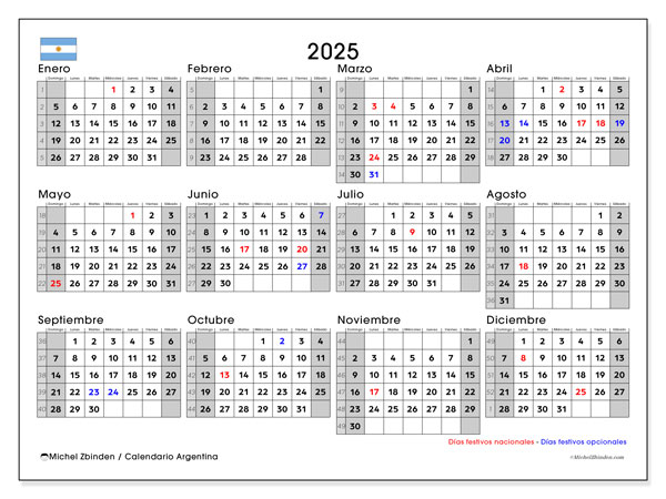 Kalender om af te drukken, annuel 2025, Argentinië (DS)