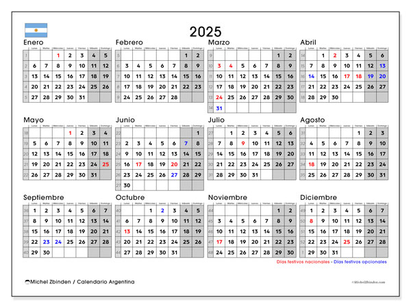 Calendario da stampare, annuale 2025, Argentina (LD)
