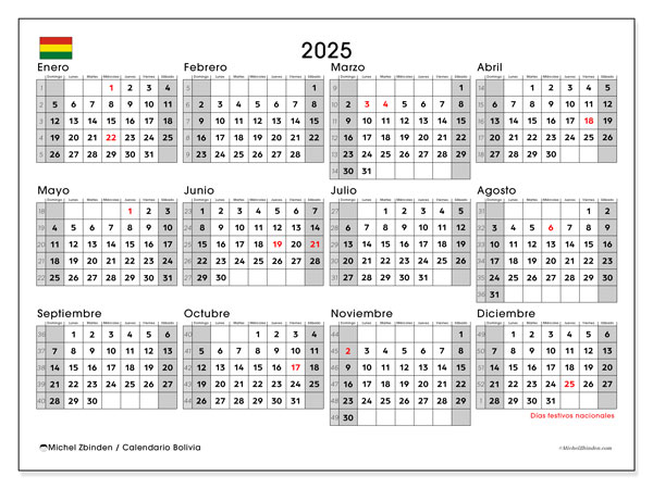 Kalender zum Ausdrucken, Jahrlich 2025, Bolivien (DS)