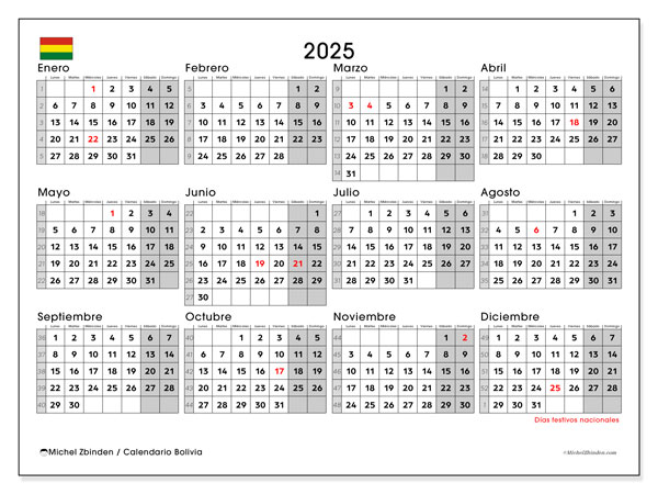 Kalender om af te drukken, annuel 2025, Bolivia (LD)