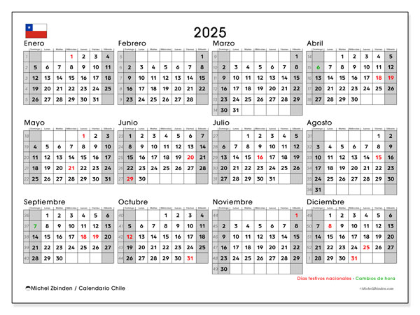 Kalender om af te drukken, annuel 2025, Chili (DS)