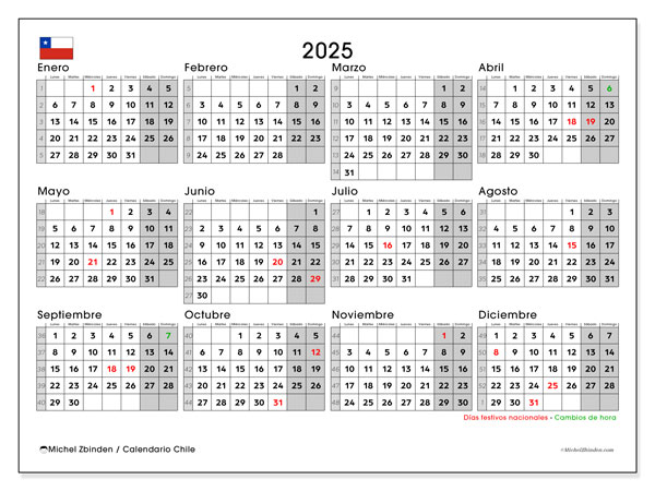 Kalender om af te drukken, annuel 2025, Chili (LD)
