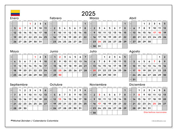 Kalender om af te drukken, annuel 2025, Colombia (DS)