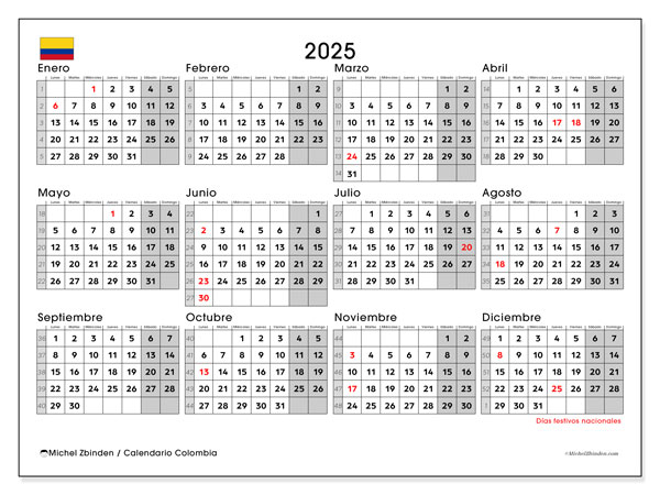 Kalender att skriva ut, årlig 2025, Colombia (LD)