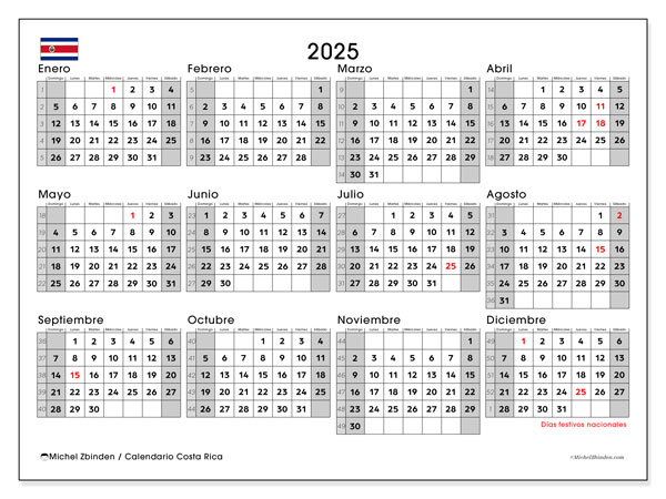 Kalendarz do druku, roczny 2025, Kostaryka (DS)