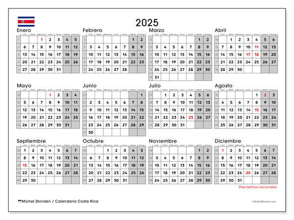 Kalender for utskrift, årlig 2025, Costa Rica (LD)