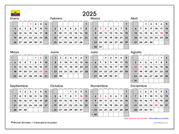 Kalender for utskrift, årlig 2025, Ecuador (DS)