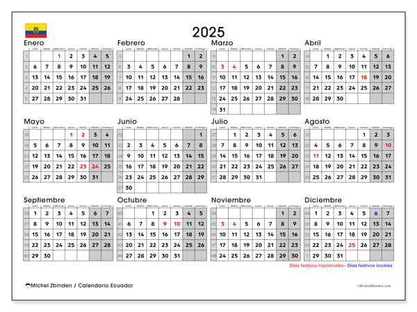 Calendario da stampare, annuale 2025, Ecuador (LD)