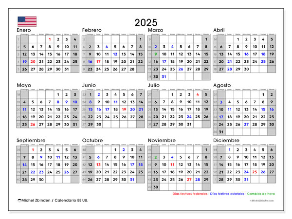 Calendrier à imprimer, anual 2025, Statele Unite ale Americii (ES)
