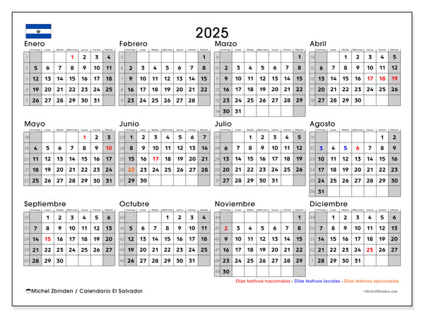 Kalender zum Ausdrucken, Jahrlich 2025, El Salvador (DS)