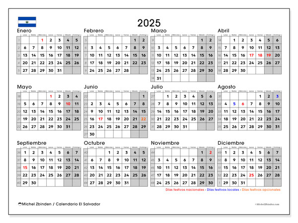 Calendario da stampare, annuale 2025, El Salvador (LD)