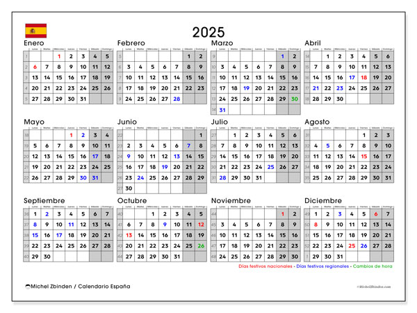Calendario para imprimir, anual 2025, España