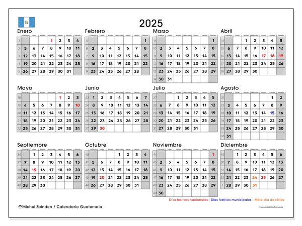 Kalender zum Ausdrucken, Jahrlich 2025, Guatemala (DS)