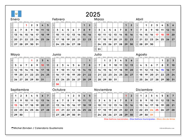 Kalendarz do druku, roczny 2025, Gwatemala (LD)